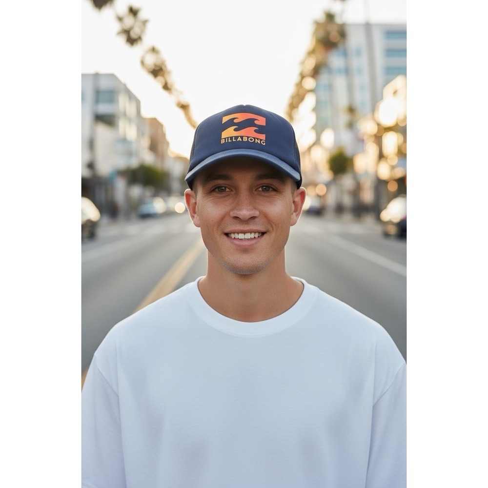 Billabong Youth Trucker Hat Mesh Snapback Cap Blue & Sunrise Colors Logo Surfer